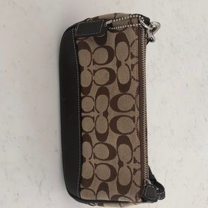 Coach monogram bag brown and beige with leather trim and strap. Silver hardware